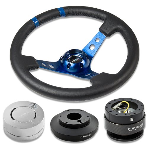 NRG Innovations 13.78 350mm 3 Deep Dish Style Black Leather Blue Center Marking Blue Spokes Racing Steering Wheel Combo with 6 Hole Short Hub Adapter with Gen 2.0 Carbon Quick Release with Silver Lock Hub Kit SRK-175H Steering Accessories NRG Innovations NRG-SRK-175H+200CF+101LS+016RBL