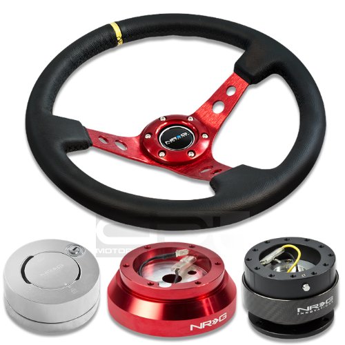 NRGSRK140HRD+200CF+101LS+006RDY, NRG Innovations 13.78 350mm 3 Deep Dish Style Black Leather Yellow Center Marking Red Spokes Racing Steering Wheel Combo with 6 Hole Short Hub Adapter with Gen 2.0 Carbon Quick Release with Silver Lock Hub Kit SRK-140H Steering Accessories NRG Innovations NRGSRK140HRD+200CF+101LS+006RDY