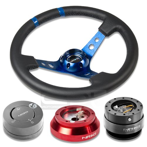 NRGSRK140HRD+200GM+101GM+016RBL, NRG Innovations 13.78 350mm 3 Deep Dish Style Black Leather Blue Center Marking Blue Spokes Racing Steering Wheel Combo with 6 Hole Short Hub Adapter with Gen 2.0 Gun Metal Quick Release with Gun Metal Lock Hub Kit SRK-140H Steering Accessories NRG Innovations NRGSRK140HRD+200GM+101GM+016RBL