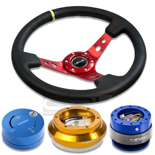 NRGSRK130HRG+200BL+101BL+006RDY, NRG Innovations 13.78 350mm 3 Deep Dish Style Black Leather Yellow Center Marking Red Spokes Racing Steering Wheel Combo with 6 Hole Short Hub Adapter with Gen 2.0 Blue Quick Release with Blue Lock Hub Kit SRK-130H Steering Accessories NRG Innovations NRGSRK130HRG+200BL+101BL+006RDY