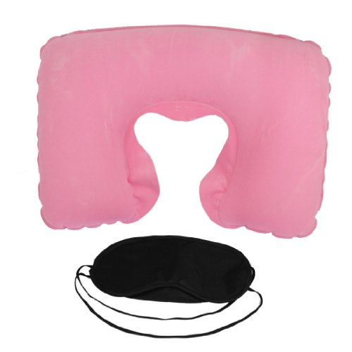 Traveling Neck Inflating Pink Air Pillow + Black Eye Mask + Pair Yellow Eyeplug Body Amico a12091000ux0425