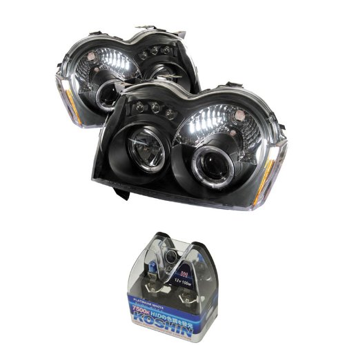 Carpart4u Jeep Grand Cherokee Halo LED Projector Headlights & Koshin Platinum White Halogen Light Bulbs package Headlight Assemblies Carpart4u CP4-PD-JGC05-HL-BK+NUM-9006PW