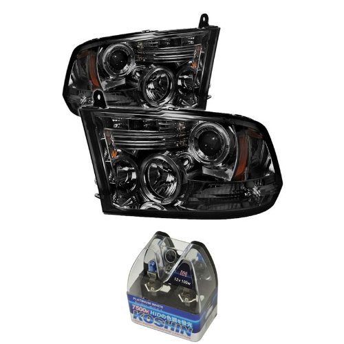 Carpart4u Dodge Ram 1500 / Dodge Ram 2500/3500/4000/4500/5500 ST SLT Halo LED Projector Headlights & Koshin Platinum White Halogen Light Bulbs package Headlight Assemblies Carpart4u CP4-PD-DR09-HL-SM+NUM-H1PW