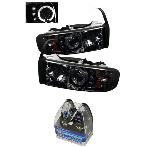 Carpart4u Dodge Ram 1500 / Ram 2500/3500 1PC Halo LED Projector Headlights & Koshin Platinum White Halogen Light Bulbs package Headlight Assemblies Carpart4u CP4-PD-DR94-HL-AM-SMC+NUM-H1PW