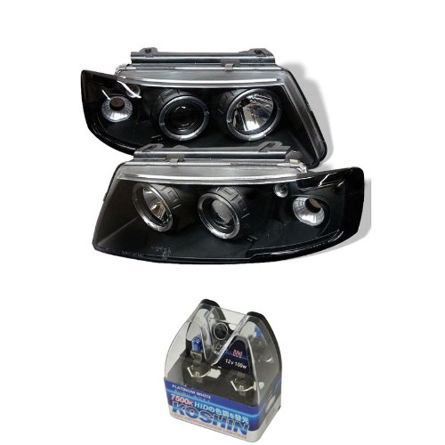 Carpart4u Volkswagen Passat 1PC Halo Projector Headlights & Koshin Platinum White Halogen Light Bulbs package Headlight Assemblies Carpart4u CP4-PD-VP97-BK+NUM-H1PW