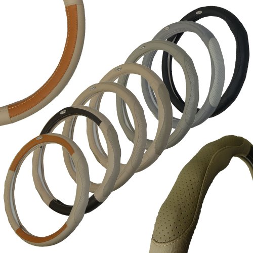 Genuine Leather Custom Designer Steering Wheel Cover With Subtle Padded Side for Increased Grip and Comfort, Size: Small, Color: Three Tone: Tan, Beige & Brown (2) Steering Accessories Wisconsin Auto Supply SWC-S-LTHR PADDED-Tan & Brown