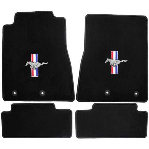 2013 & 2014 Mustang Front & Rear 4pc Black Charcoal Floor Mats with Running Horse & Tribar Logo Embroidery Custom Fit Lloyd Mats F211821