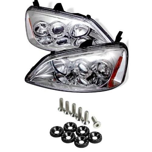 Honda Civic 2/4DR (Non SI Model) Halo Projector Headlights - Chrome & Spyder Washer 6pcs - Black Headlight Bulbs Carpart4u CP4-PW-HC01-AM-C+SPWSR-BK