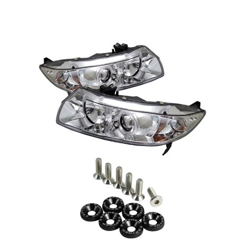 Honda Civic 2Dr Halo Projector Headlights - Chrome & Spyder Washer 6pcs - Black Headlight Bulbs Carpart4u CP4-PW-HC06-2D-HL-C+SPWSR-BK