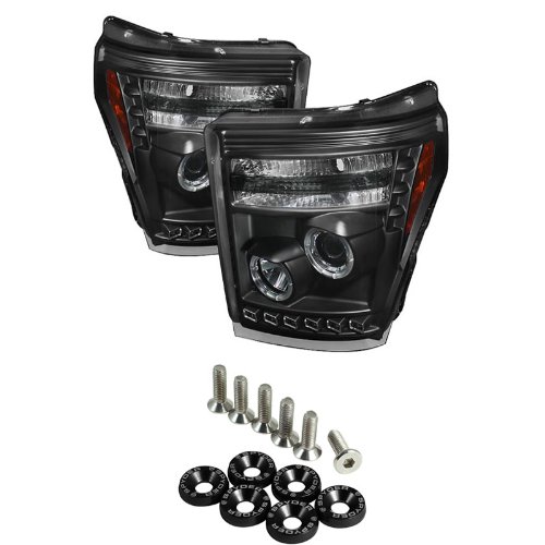 Ford F250/350/450 Super Duty Halo LED ( Non Replaceable LEDs ) Projector Headlights - Black & Spyder Washer 6pcs - Black Headlight Bulbs Carpart4u CP4-PW-FS11-HL-BK+SPWSR-BK
