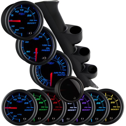 05-08 Ford Mustang Triple Package w/ Tinted 7 Color Boost/Vacuum, Air/Fuel Ratio & Oil Pressure Gauges Multi Gauges GlowShift GS-350-T7_01_02_04