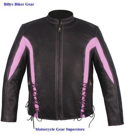 Women's Black & Pink Leather Motorcycle Jacket, Sidelaces & Zip Out Lining Jackets & Vests Billy's Biker Gear LJ266PNK-XL