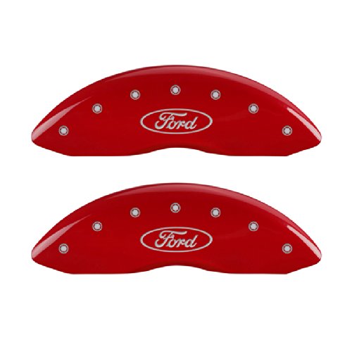 MGP Caliper Covers 10120SFRDRD Ford Oval Logo Type Caliper Cover with Red Powder Coat Finish and Silver Characters, (Set of 4) Calipers MGP Caliper Covers 10120SFRDRD