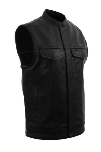 SOA Men's Naked Cowhide Leather Motorcycle Vest Zipper & Snap Front Closure w/ 2 Inside Gun Pockets & Single Panel Back (XX-Large) Jackets & Vests First Classics FIM689-NOC