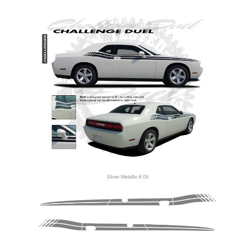Dodge Challenger 2008 to 2010 Silver Met Duel Side Stripes Graphic Kit Decals CarBeyondStore EA-EE1431-05M
