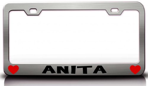 ANITA with Hearts Steel Metal License Plate Frame Style #1 Chrome Frames Tag Xpress fpet000010406155
