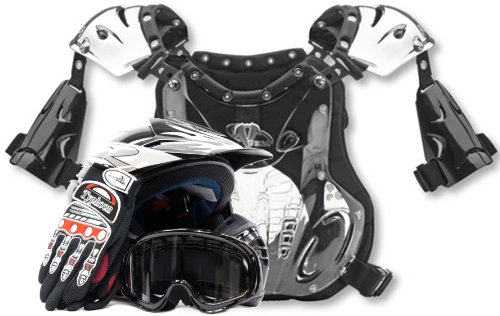 Youth Peewee Offroad Gear Combo Helmet Gloves Goggles Chest Protector Motocross ATV Dirt Bike Black Silver Red - Large Gloves Typhoon Helmets KYB07SIL394BLKBLKREDPWCPCOL