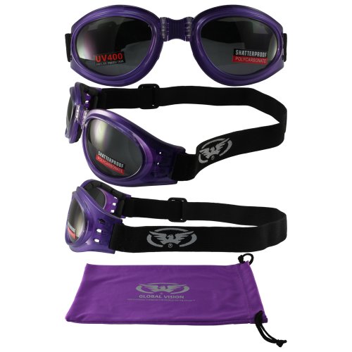 Global Vision Adventure Folding Motorcycle Goggles Gloss Purple Frames with Smoke Lenses Goggles Global Vision Eyewear ADVENTPRSM