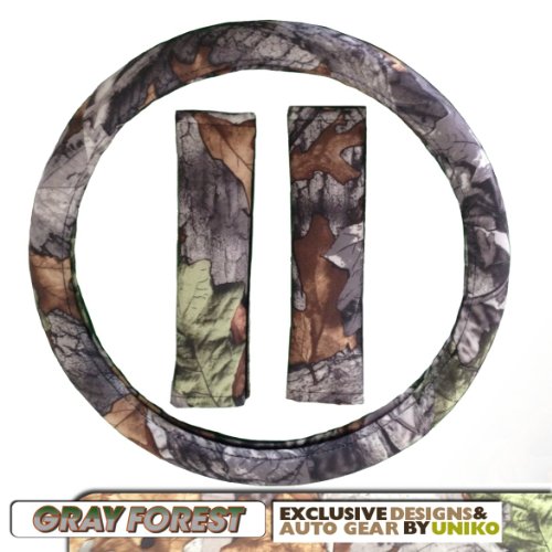 Camo Steering Wheel Cover & Seat Belt Pads - Surreal Gray Forest Camouflage Design Steering Accessories Unique Imports camo.swc.3pc
