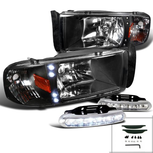 Ram 1500 LED DRL Black Headlights W/LED Strip Fog Bumper Lamps Headlight Bulbs Spec-D Tuning L12-2LHRAM94JMRS