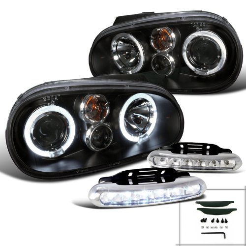 VW Cabrio GTI Black Dual Halo Projector Headlights+LED Front Fog Lamps DRL Headlight Bulbs Spec-D Tuning L12-GLF99JMTM