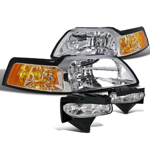 Ford Mustang Crystal Chrome Headlights+Clear Bumper Driving Fog Lights Kit Headlight Bulbs Spec-D Tuning 2LFLH-MST99C-WJ