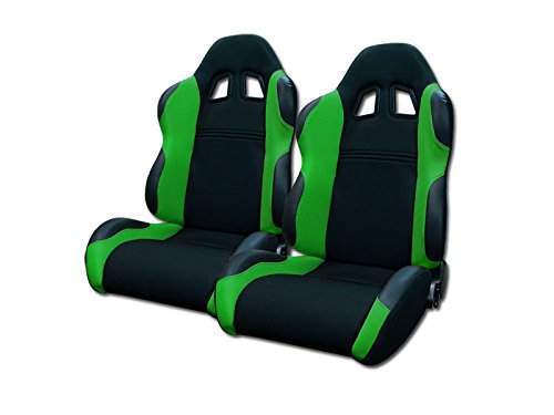 Universal Jdm-Ts Blk/Green Cloth Car Racing Bucket Seat+Sliders Pair Jap Vehicle Racing Seats Topline_autopart rs-ts-bkgr-l+rs-ts-bkgr-r-001