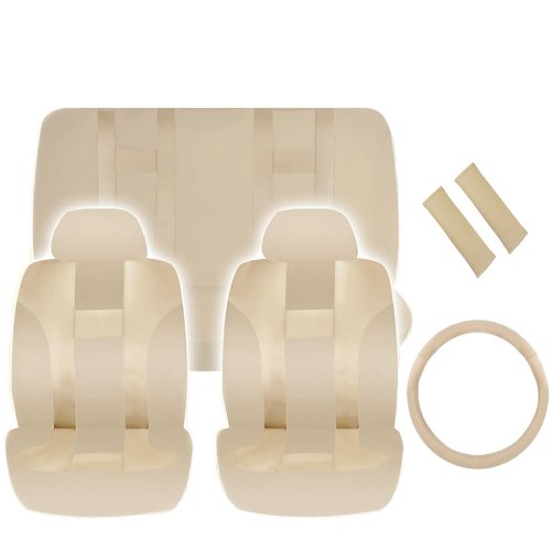 New Solid Beige Double Stitched Airbag Ready Seat Covers & Steering Set Universal Accessories U.A.A. INC. SC-102C-ABG