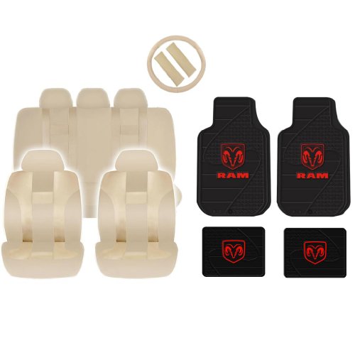 New Solid Beige DBL Stitch Seat Covers & 4pc Dodge Factory Black Floor Mats Set Universal Accessories U.A.A. INC. SC-102ABG-DOD-F