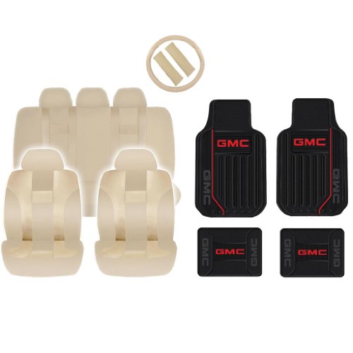New Solid Beige DBL Stitch Seat Covers & 4pc Gmc Elite Black Floor Mats Set Universal Accessories U.A.A. INC. SC-102ABG-GMC-E