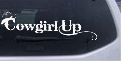 Cowgirl Up Girlie Car Window Wall Laptop Decal Sticker -- White 8in X 2.5in Bumper Stickers, Decals & Magnets Rad Dezigns 11982_White_8in X 2.5in