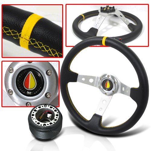 Honda Prelude Deep Dish Steering Wheel with Horn Button and Hub Adapater Steering System JDM Sport HUB-OH08+WHEEL-006YL+BUTTON-003