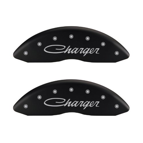 MGP Caliper Covers 12162SCHSMB - Set of 4 caliper covers, Charger/Charger Cursive Engraving, Matte Black powder coat finish, silver characters Calipers Without Pads MGP Caliper Covers 12162SCHSMB