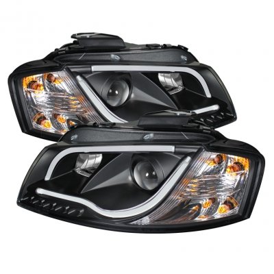 Audi A3 06-08 Halogen Light Tube DRL LED Projector Headlights - Black Headlight Assemblies Spyder Auto 444-AA306-LTDRL-BK