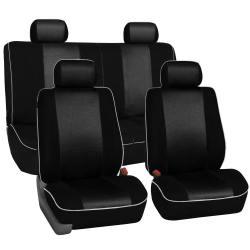 FH-FB063114 Cloth Car Seat Covers with Piping Full Set Airbag & Split Ready Black Full Car Covers FH Group FB063BLACK114