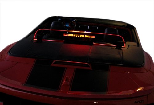 2011+ Chevrolet Camaro 5th Generation Convertible Wind Deflector Wind Blocker Windschott Windscreen Wind Restrictor Windrestrictor Brand Engraved Logo with Red Lighting GM Licensed Body Windrestrictor CamWROpt1Light