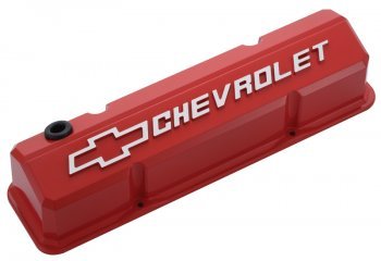 141931 Proform Collector's Series Slant-Edge Valve Cover - SBC, Red Aluminum with Raised Emblems Valve Covers ProForm 141-931