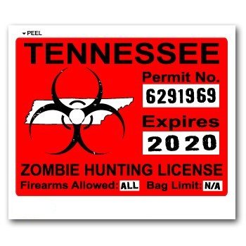Tennessee TN Zombie Hunting License Permit Red - Biohazard Response Team - Window Bumper Locker Sticker Decals StickyChimp SC-Batch-C-2735