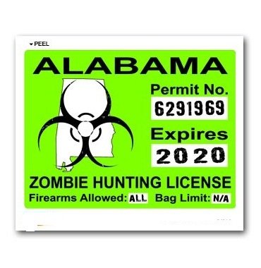 Alabama AL Zombie Hunting License Permit Green - Biohazard Response Team - Window Bumper Locker Sticker Decals StickyChimp SC-Batch-C-1481