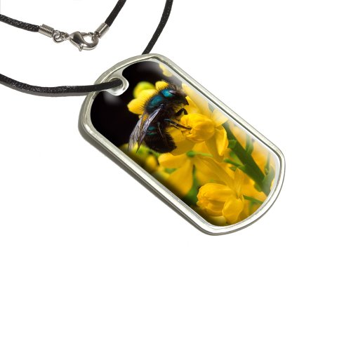 Blue Bee on Flowers Military Dog Tag Black Cord Key Chains Graphics and More d2169_C