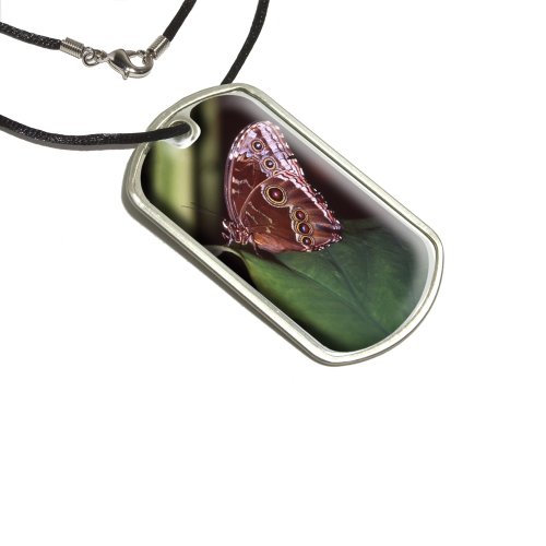 Butterfly on Leaf Military Dog Tag Black Cord Key Chains Graphics and More d2211_C