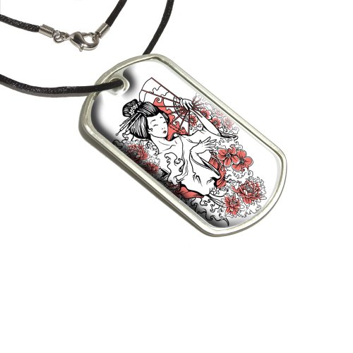 Japanese Geisha - Asian Fan Flowers Military Dog Tag Black Cord Key Chains Graphics and More d2668_C