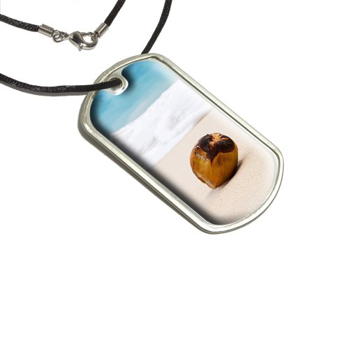 Coconut on Beach - Tropical Deserted Island Military Dog Tag Black Cord Key Chains Graphics and More d2461_C