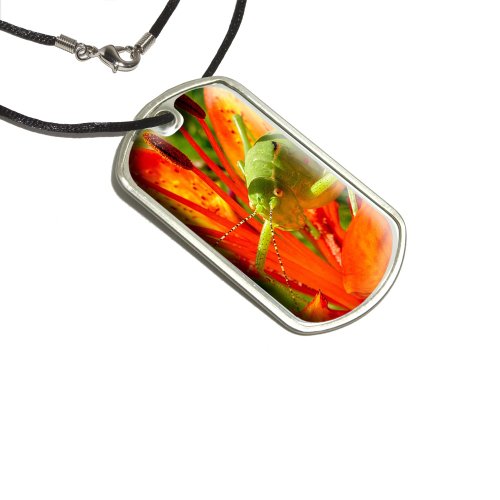 Grasshopper on Red Lily Flower Military Dog Tag Black Cord Key Chains Graphics and More d2492_C