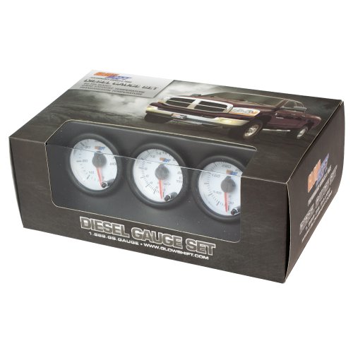 GlowShift White 7 Color Series Diesel Gauge Set 60 PSI Boost, 2400 F Pyrometer, Trans Temp Gauge Sets GlowShift GS-W7-DS10-SM