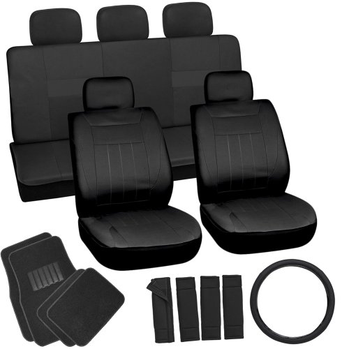 OxGord 21pc Set Flat Cloth Solid Black Auto Seat Covers Set - Airbag Compatible - Front Low Back Buckets - 50/50 or 60/40 Rear Split Bench - 5 Head Rests - 1 Steering Wheel Cover - Universal Fit for Car, Truck, Suv, or Van - FREE Black Carpet Floor Mats Accessories Oxgord SCNO17-BK_FMFM-101-BK