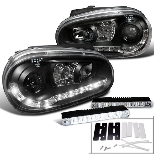 VW Golf GTI MK4 Black R8 Style Projector Headlights+6-LED Bumper DRL Fog Lamps Headlight Bulbs Spec-D Tuning L15-LHPGLF99JM8TM