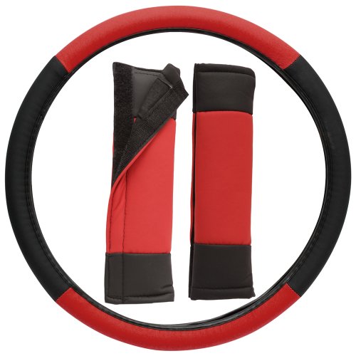 OxGord Stylish Leatherette Steering Wheel Cover and Seat Belt Pad Set for the Acura Integra Hatchback in Red & Black Leatherette Steering Accessories Oxgord SW-PU-ACURA-INTEGRA-RD-BK