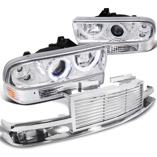Chevy Blazer Chrome Halo Projector Headlights+Bumper Lamps+Hood Grille Bulbs Spec-D Tuning HG2LBLHP-S1098-RS
