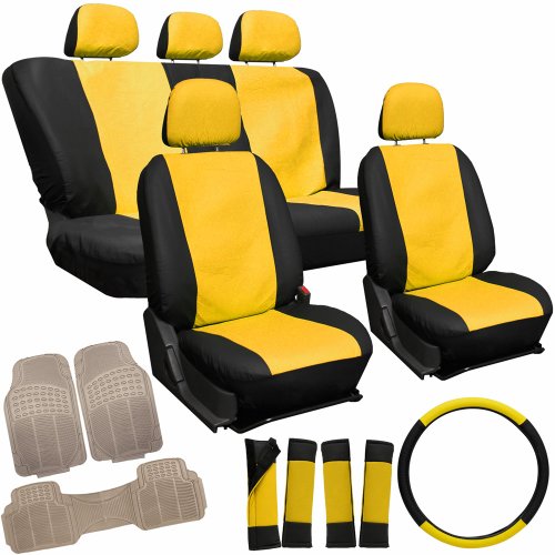 Oxgord 20pc Yellow & Black PU Leather Seat Cover & 3pc Beige Ridge Rubber Floor Mats Set for Mercury Cars Accessories Oxgord CAR-MERCURY-SCPU17-YW-BK_03-HQB-BG